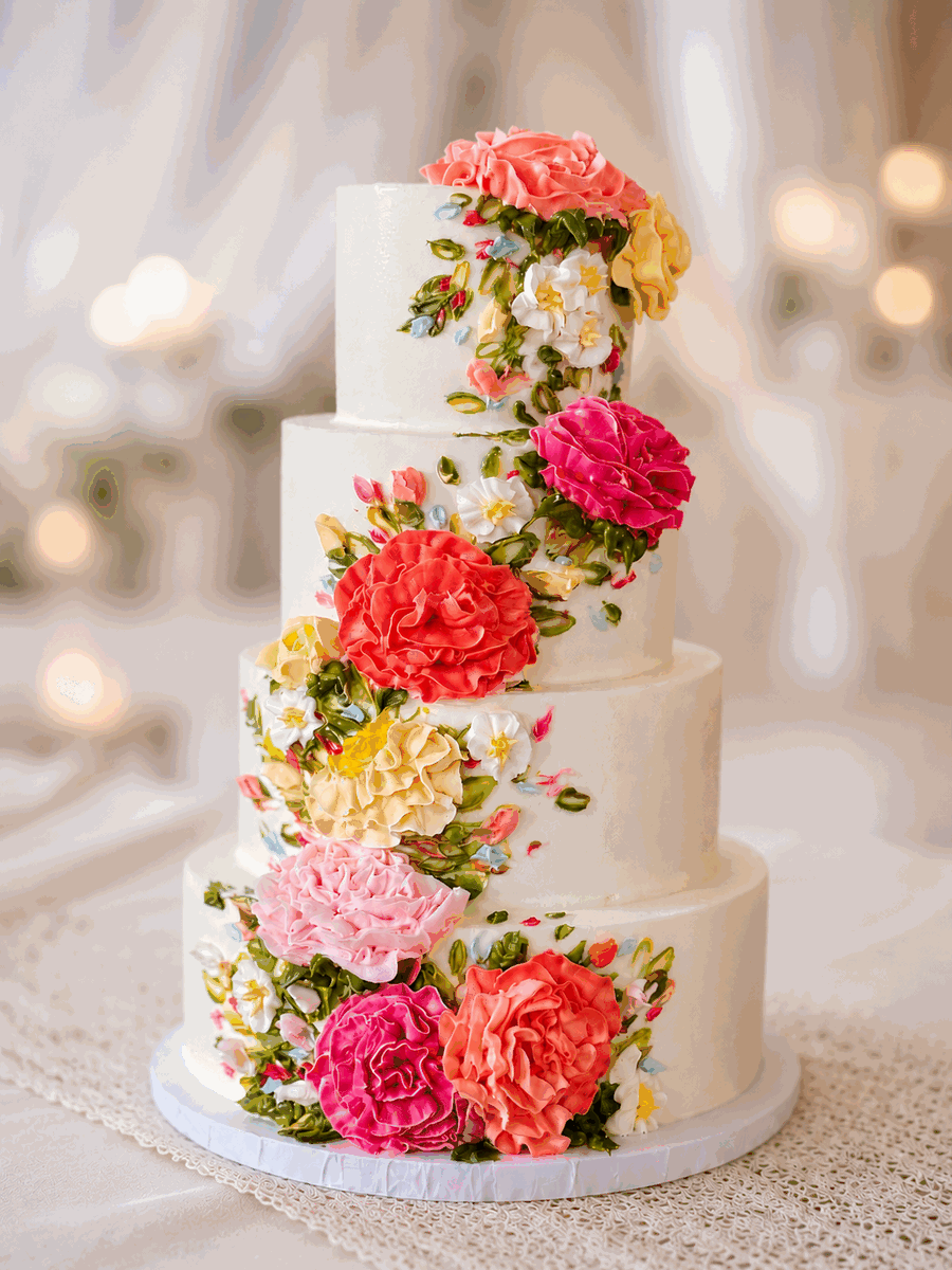 Four-tier custom wedding cake with hand-painted floral decorations by Warner's Bakery By Hil, Titusville, PA