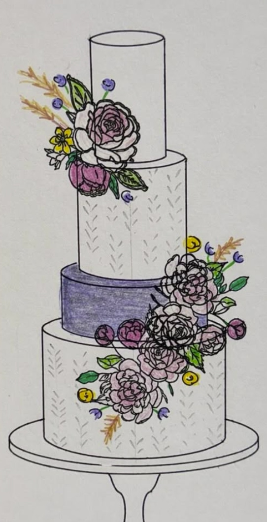 Hand-drawn wedding cake sketch by Hilary Hanna, Warner's Bakery By Hil